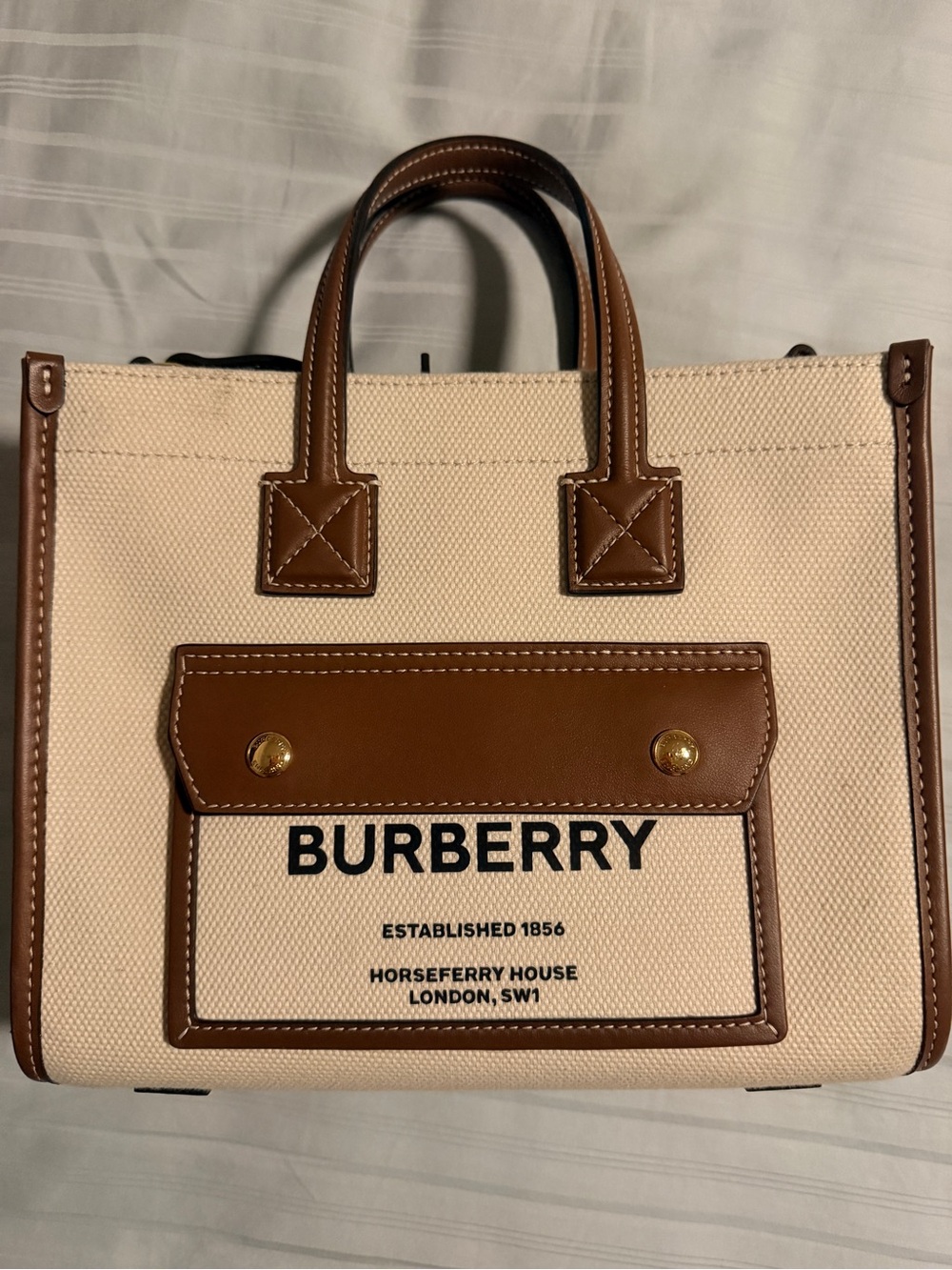 Burberry Beige Canvas Tote with Brown Leather Trim and Front Pocket